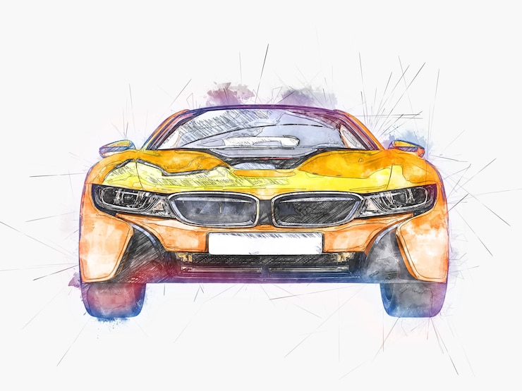 Foto futuristica auto sportiva gialla colore acqua e inchiostro illustrazione digitale su sfondo bianco
