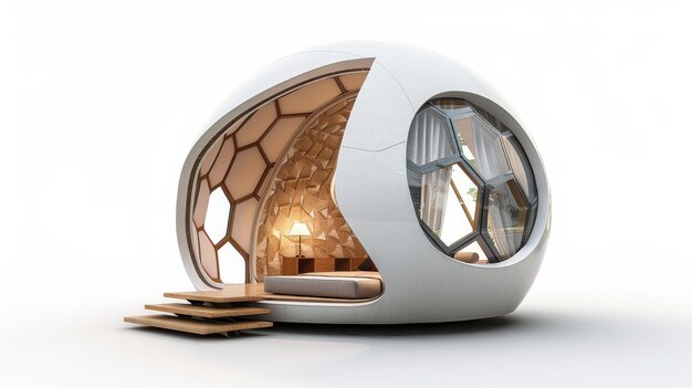 Futuristica casa a cupola geodetica con design moderno su sfondo bianco