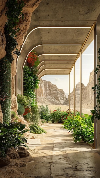 Futuristica casa nel deserto con piante