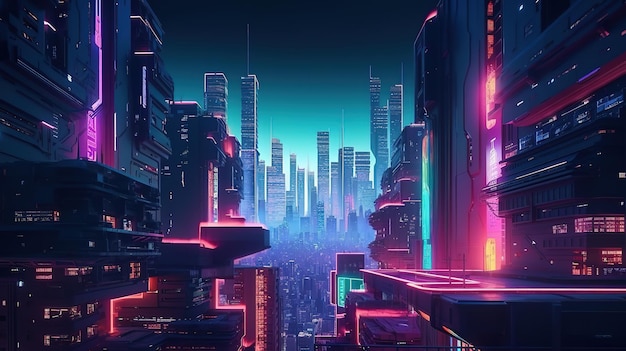 Futuristica città al neon Colore brillante Generative Ai