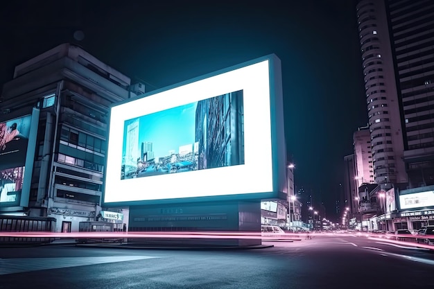 Futuristica città al neon con cartelloni pubblicitari in strada IA generativa