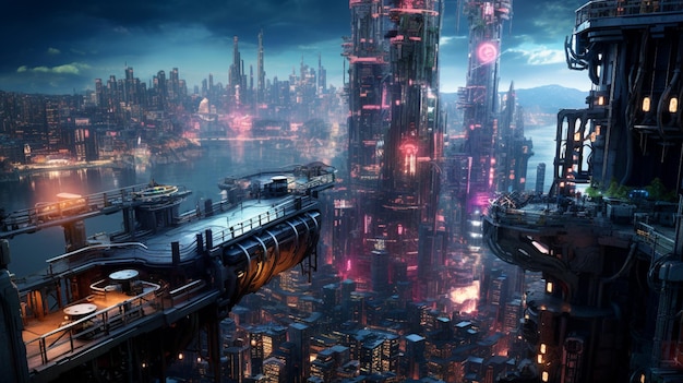 Futuristica città cyberpunk di notte Una scena urbana moderna con grattacieli digitali generati dall'Ai