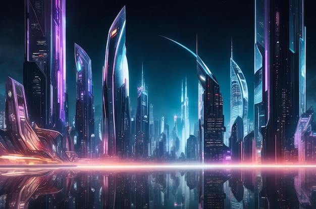 Futuristica città cyberpunk piena di luci al neon di notte Illustrazione retrò del futuro in stile pixel