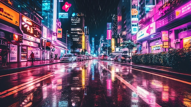 futuristica città cyberpunk scifi con luci al neon incandescenti di notte illustrazione digitale