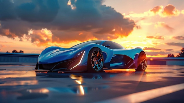 Futuristica concept sports car blu che mostra un design elegante e aerodinamica al tramonto