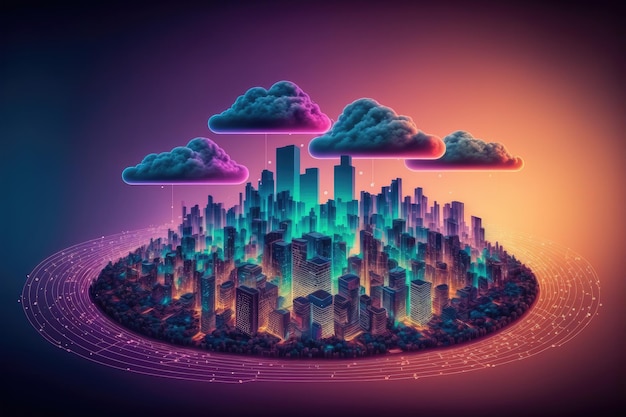 Futuristica connessione di rete internet smart city tramite sistema wireless