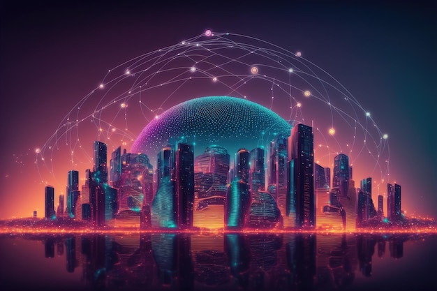 Futuristica connessione di rete internet smart city tramite sistema wireless