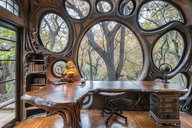 Futuristica decorazione moderna in stile Art Nouveau che mescola l'eleganza senza tempo con l'atmosfera contemporanea creando uno spazio di lavoro elegante e sofisticato che fonde senza soluzione di continuità tradizione e innovazione