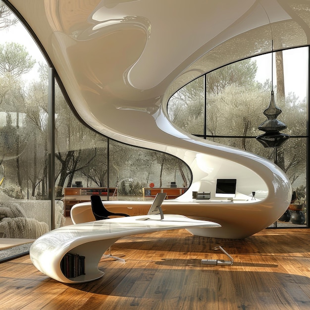 Futuristica decorazione moderna in stile Art Nouveau che mescola l'eleganza senza tempo con l'atmosfera contemporanea creando uno spazio di lavoro elegante e sofisticato che fonde senza soluzione di continuità tradizione e innovazione