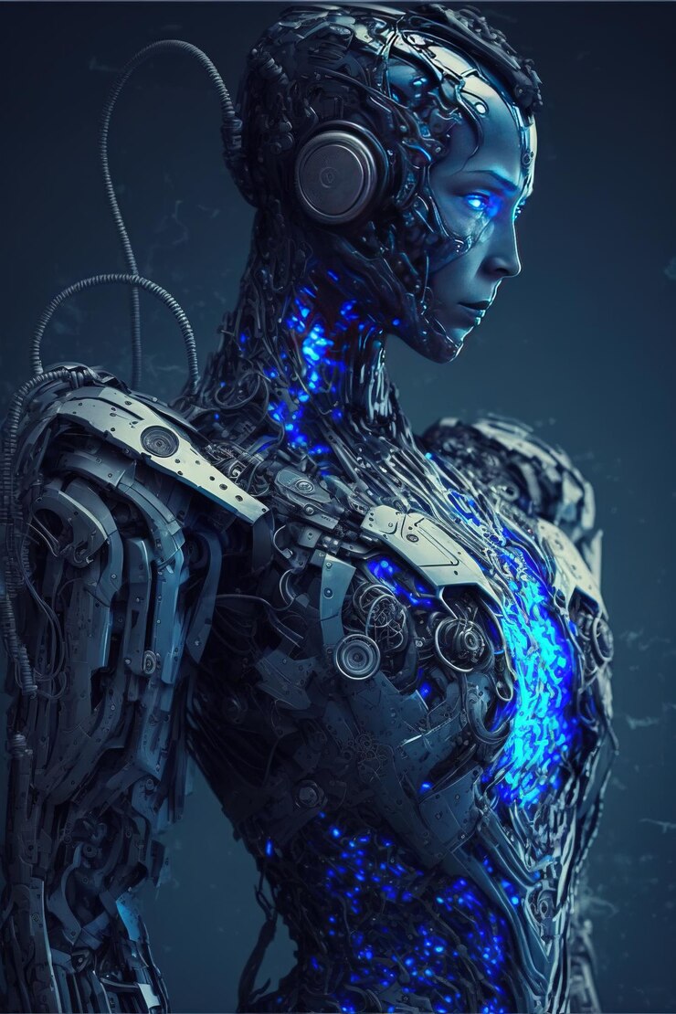 Futuristica donna cyborg con fili e luci blu creata utilizzando la tecnologia generativa ai