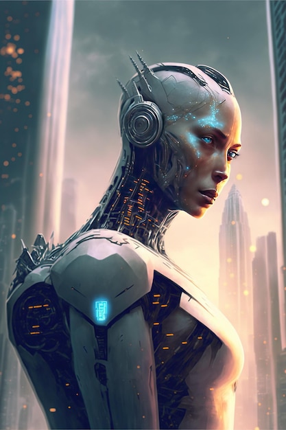 Futuristica donna cyborg con punti luce sul paesaggio urbano creata utilizzando la tecnologia generativa ai