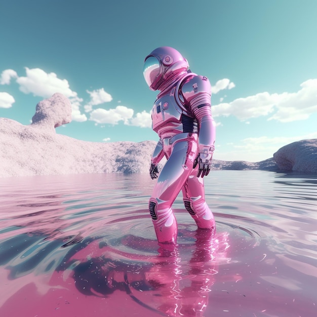 Futuristica illustrazione 3D di un astronauta o astronauta rosa con tuta rosa sul pianeta rosa