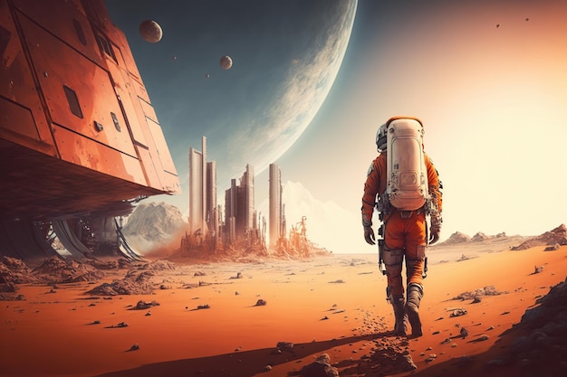 Futuristica immagine fantasy costruzione della città su Marte navi volanti con astronauta