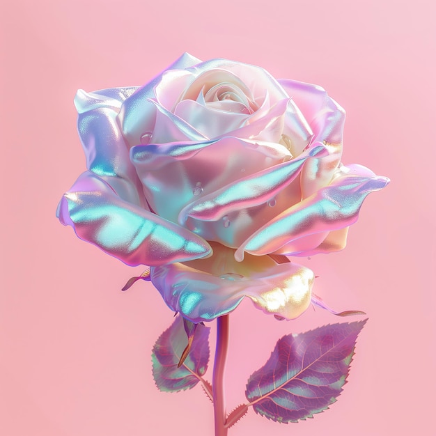 Futuristica rosa olografica concetto di design grafico astratto fiore di cromo per la mascherata in stile liquido olografico pastello lucido iridescente su sfondo rosa