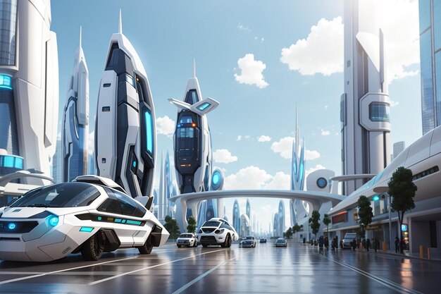 Futuristica sci-fi city street view 3d illustrazione renderizzata digitalmente