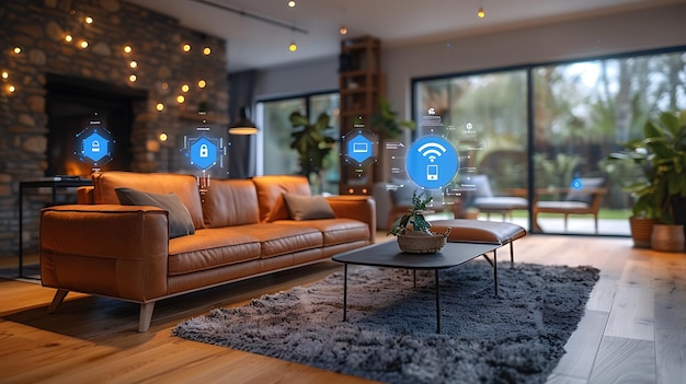 Futuristica Smart Home Diversi dispositivi connessi e icone digitali per un'integrazione senza soluzione di continuità