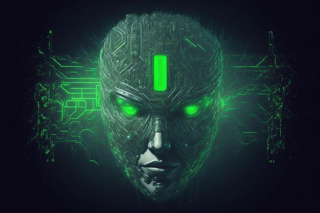 Futuristica testa di cyborg vista anteriore rendering 3D AI generato