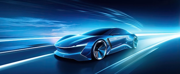 Futuristica vettura elettrica virtuale concetto auto sfondo blu onde di fulmine corpo aerodinamico