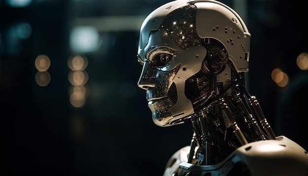 Futuristici uomini cyborg in tute metalliche armati di braccia robotiche generate dall'intelligenza artificiale