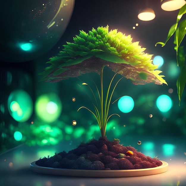 Futuristico albero vegetale nella stanza dell'astronave arte generativa di AI
