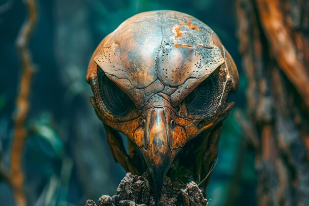 Futuristico artefatto di cranio alieno con patina d'epoca su uno sfondo di foresta mistica per la scienza
