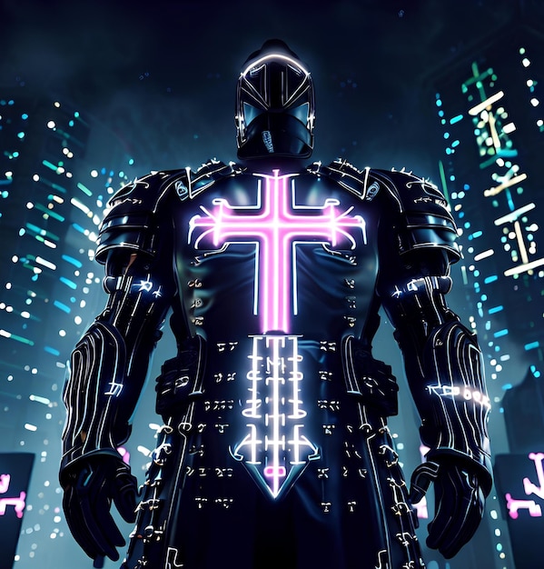 Futuristico cavaliere templare in stile cyberpunk che protegge la città dai pagani