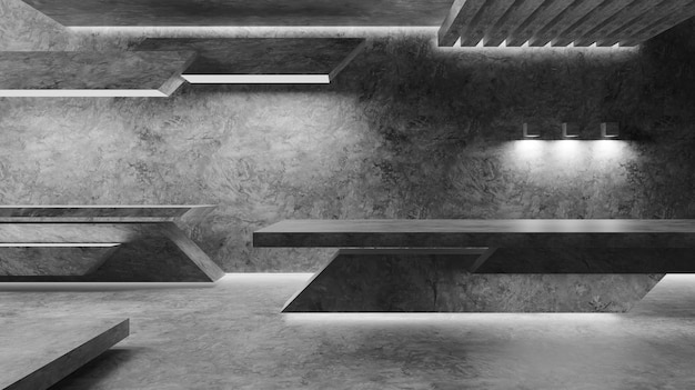 Futuristico interni geometria concreta piano camera moderna costruzione architettura design astratto per il rendering 3D di sfondo.