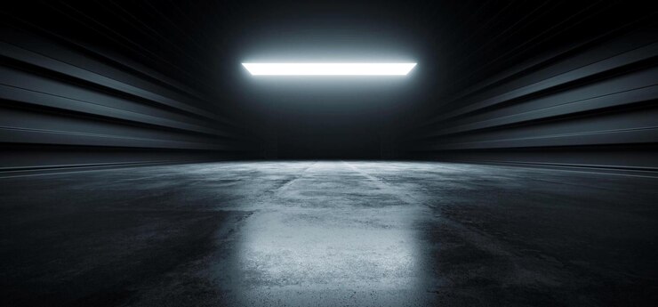 Futuristico moderno garage showroom tunnel corridoio cemento metal grunge riflettente lucido vuoto