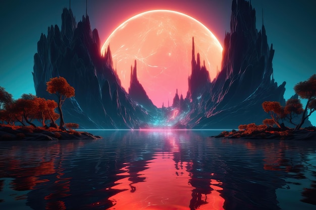 Futuristico paesaggio notturno fantasy con paesaggio astratto e isola al chiaro di luna radianza luna neon AI generato