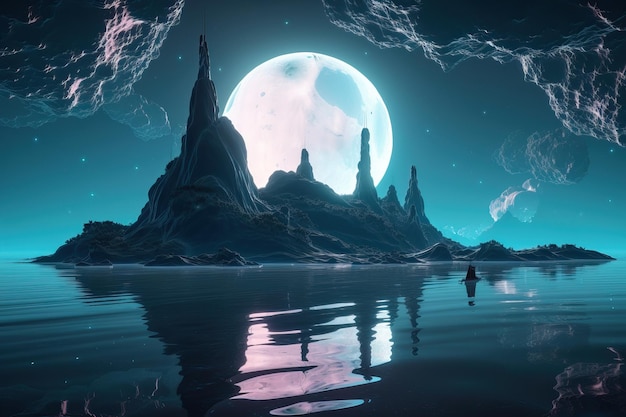 Futuristico paesaggio notturno fantasy con paesaggio astratto e luce lunare dell'isola generata dall'intelligenza artificiale