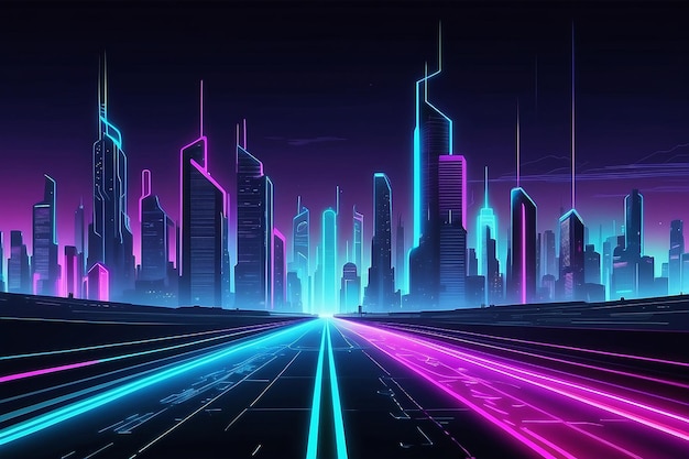 Futuristico paesaggio urbano notturno su uno sfondo di skyline al neon con luce al neon incandescente Vista prospettica dell'autostrada Illustrazione vettoriale in stile Cyberpunk e retro wave