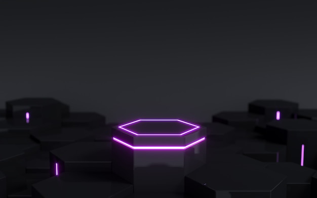 Futuristico piedistallo scifi esagonale nero con luce al neon viola per vetrina prodotto display