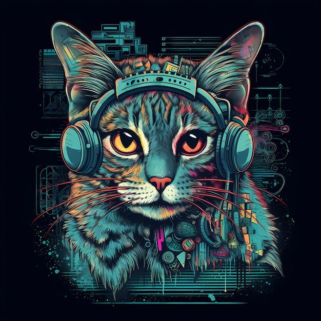 Futuristico Retro Neon Graffiti Portrait di Gatto Illustrazione digitale con Synthwave Vaporwave Aesthe degli anni '80