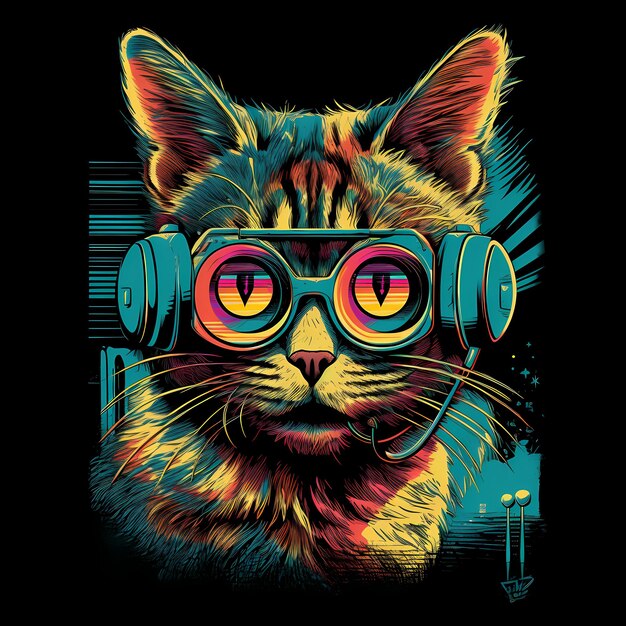 Futuristico Retro Neon Graffiti Portrait di Gatto Illustrazione digitale con Synthwave Vaporwave Aesthe degli anni '80