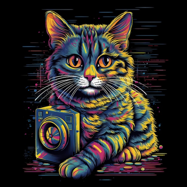 Futuristico Retro Neon Graffiti Portrait di Gatto Illustrazione digitale con Synthwave Vaporwave Aesthe degli anni '80