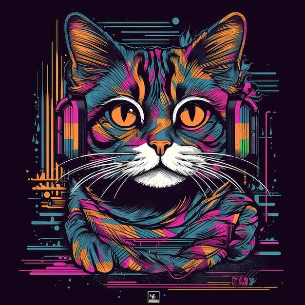 Futuristico Retro Neon Graffiti Portrait di Gatto Illustrazione digitale con Synthwave Vaporwave Aesthe degli anni '80