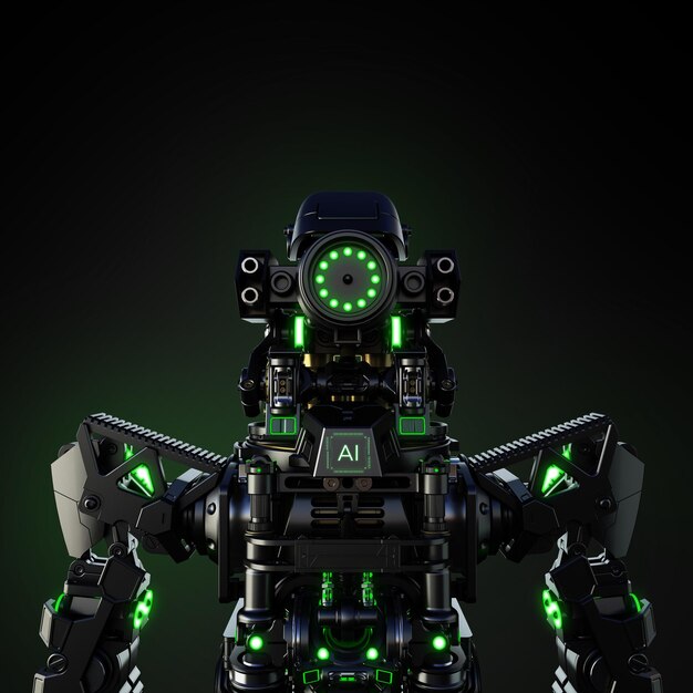 Futuristico robot AI con luci verdi in posa su uno sfondo scuro rendering 3D