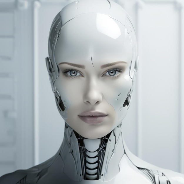 Futuristico robot femminile androide ritratto con caratteristiche simili a quelle umane su sfondo bianco