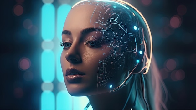 Futuristico robot testa Android con caratteristiche facciali umane distinte IA generativa