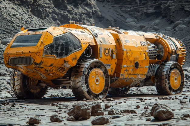 Futuristico rover di esplorazione arancione su terreno alieno roccioso per scene di fantascienza e missioni spaziali