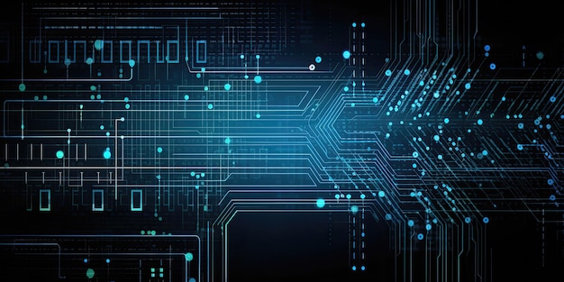 Futuristico sfondo del nodo di rete del circuito blu con luci blu incandescenti generate dall'intelligenza artificiale