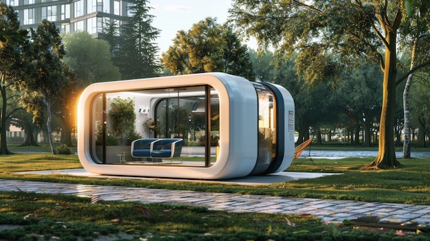 Futuristico Smart Home Pod trasparente nel parco