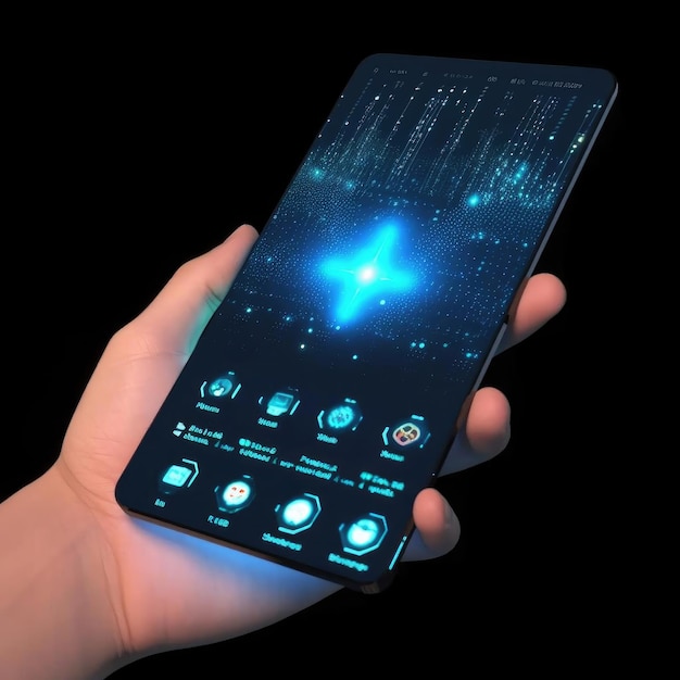 Futuristico telefono cellulare touch screen in mano rendering 3D