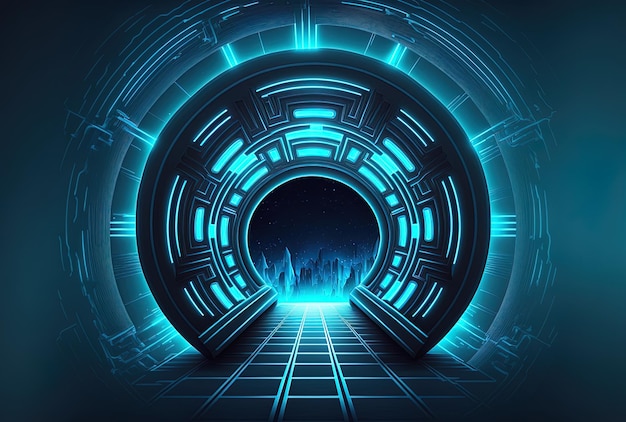 Futuristico tunnel rotondo sullo sfondo con luminose luci blu al neon