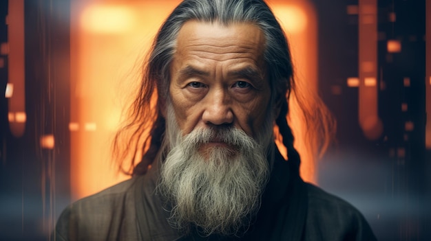 Futuristico vecchio cinese con capelli castani dritti Illustrazione fotorealista Ritratto di una persona sullo sfondo di un film sci-fi futuristico Ai Generato Illustrazione orizzontale