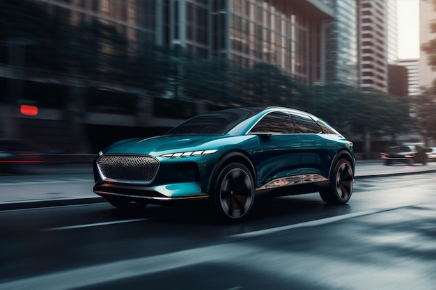 Futuristico veicolo elettrico crossover SUV in città street motion blur AI generativo