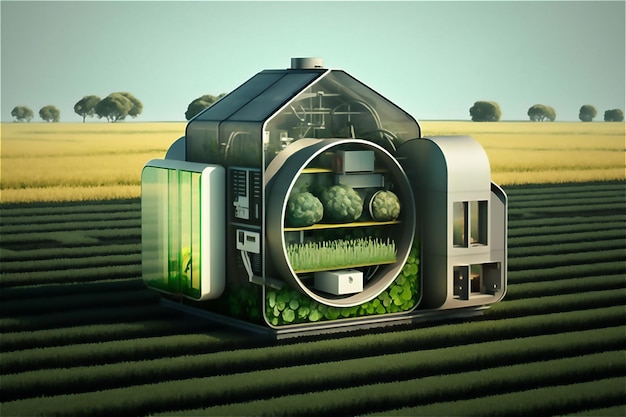 Futuro intelligente Concetto di modello di agricoltura serra con filari di piante innovazioni e tecnologie nell'agricoltura generativa ai