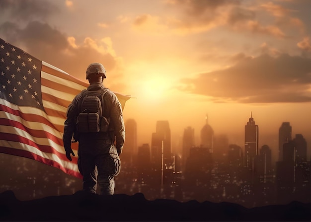 Futuro militare USA Robotic Soldier esercito Idenpendece giorno 4 luglio sfondo bandiera americana Generati