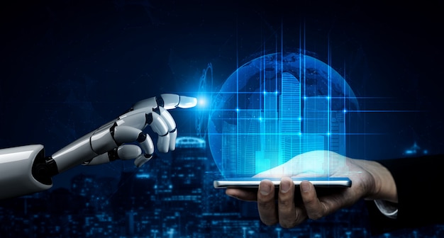 Futuro robot di intelligenza artificiale e cyborg