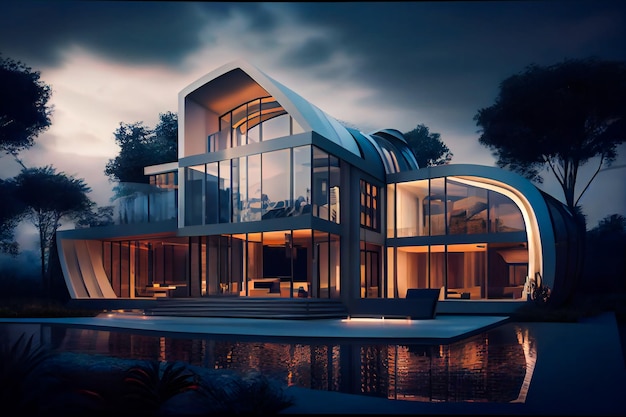 Futuro ultramoderno Villa con piscina e giardino Generative AIxA